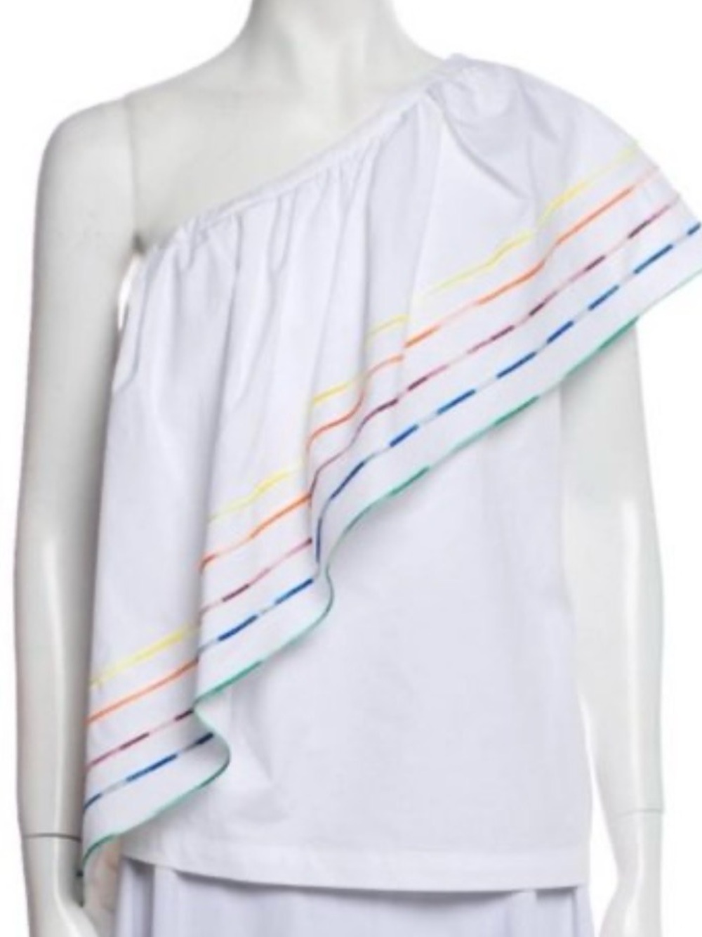 Alcee White One-Shoulder Ruffle Top with Rainbow Trim